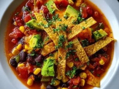 Bowl of Crockpot Vegetarian Tortilla Soup topped with fresh cilantro and tortilla strips