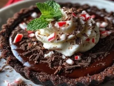 Dark chocolate peppermint mousse tart topped with whipped cream and mint leaves.