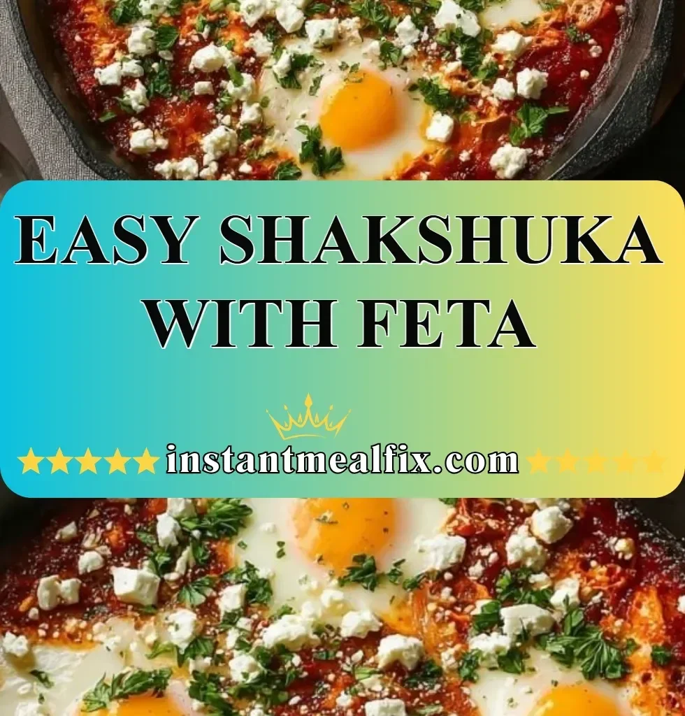 Easy shakshuka with feta served in a skillet, garnished with fresh herbs.
