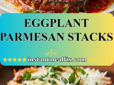 Eggplant Parmesan Stacks with layers of eggplant, cheese, and marinara sauce