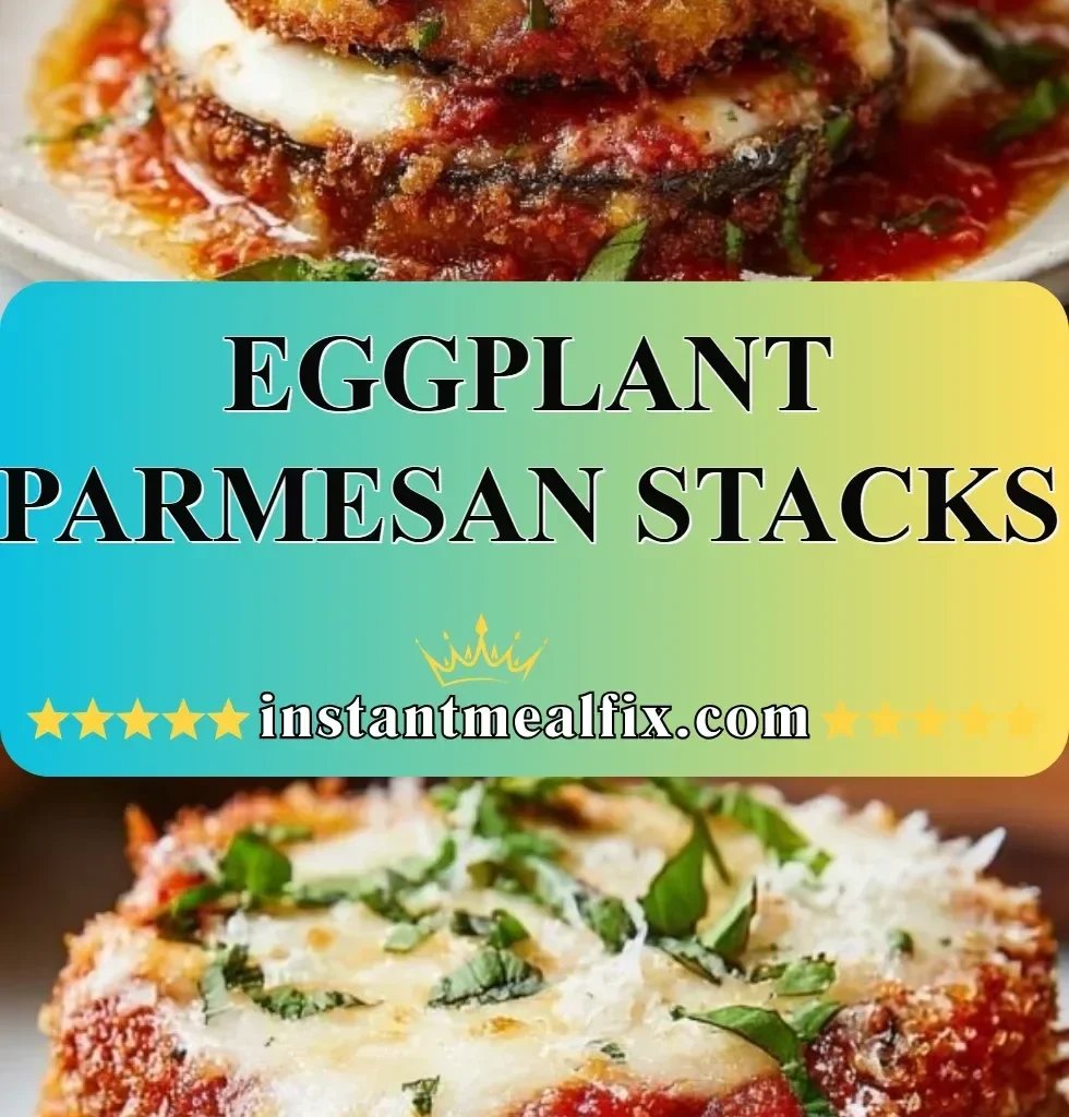 Eggplant Parmesan Stacks with layers of eggplant, cheese, and marinara sauce
