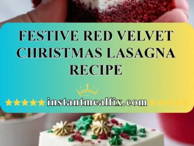 Festive Red Velvet Lasagna topped with cream cheese frosting for Christmas celebration.