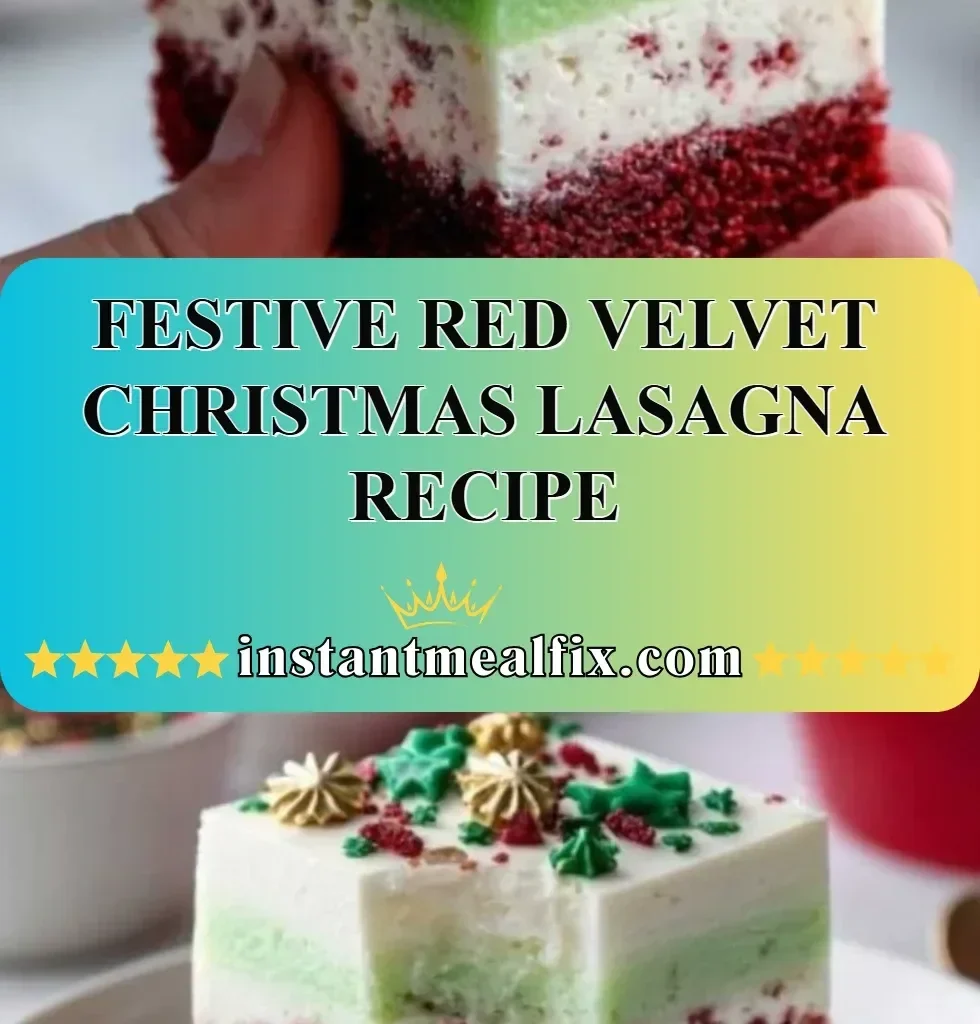 Festive Red Velvet Lasagna topped with cream cheese frosting for Christmas celebration.