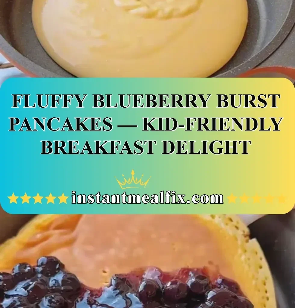 Fluffy blueberry pancakes stacked with fresh blueberries and syrup