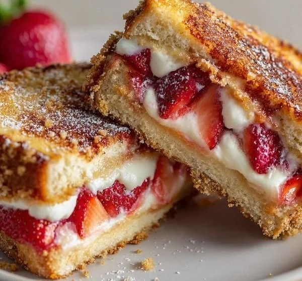 Fried Strawberry Cheesecake Sandwiches with a crispy coating and strawberry topping