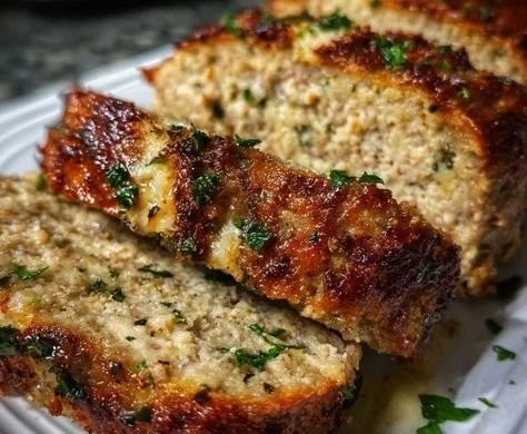 Garlic Parmesan Chicken Meatloaf served on a plate with herbs