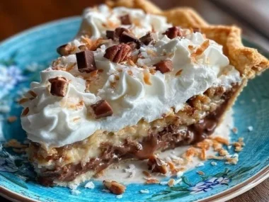 Delicious slice of German Chocolate Pie with chocolate and coconut topping