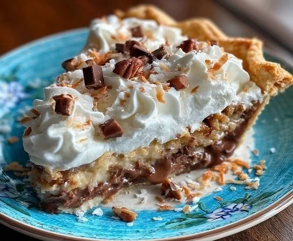 Delicious slice of German Chocolate Pie with chocolate and coconut topping