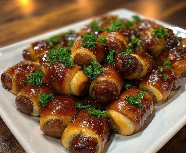 Delicious glazed pigs in a blanket appetizer on a serving platter