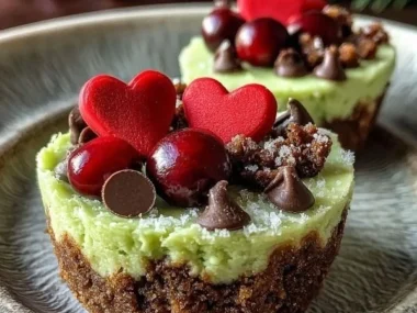 Festive Grinch mini cheesecakes decorated for the holidays