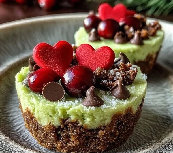Festive Grinch mini cheesecakes decorated for the holidays