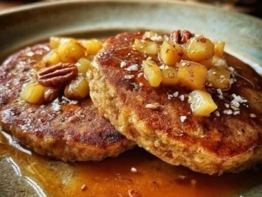 Plate of healthy oat pancakes topped with fresh apple slices