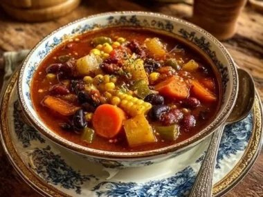 Hearty spicy cowboy soup with smoky beans and mixed vegetables in a bowl