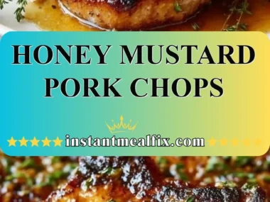 Honey mustard glazed pork chops on a plate garnished with herbs