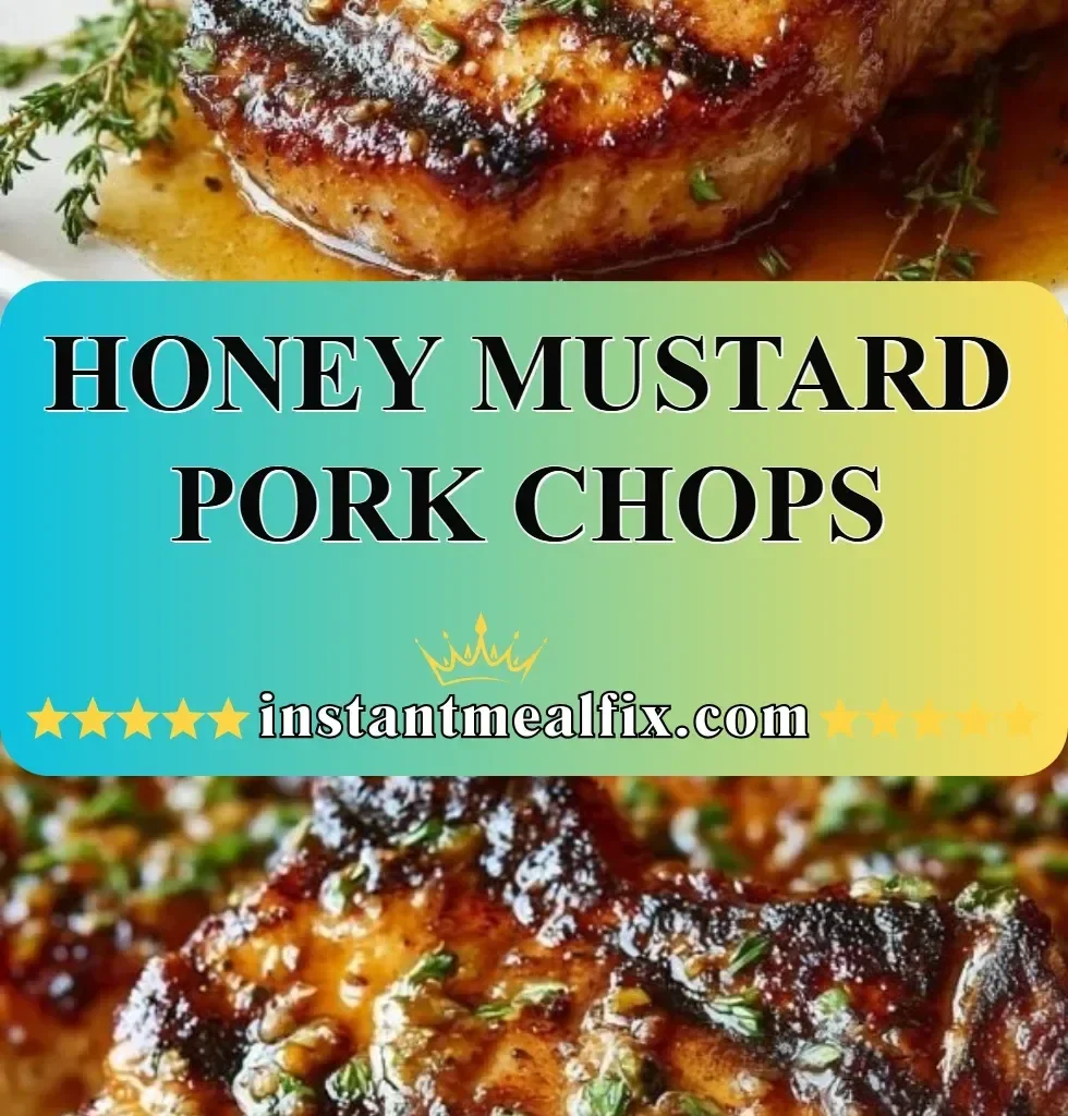 Honey mustard glazed pork chops on a plate garnished with herbs