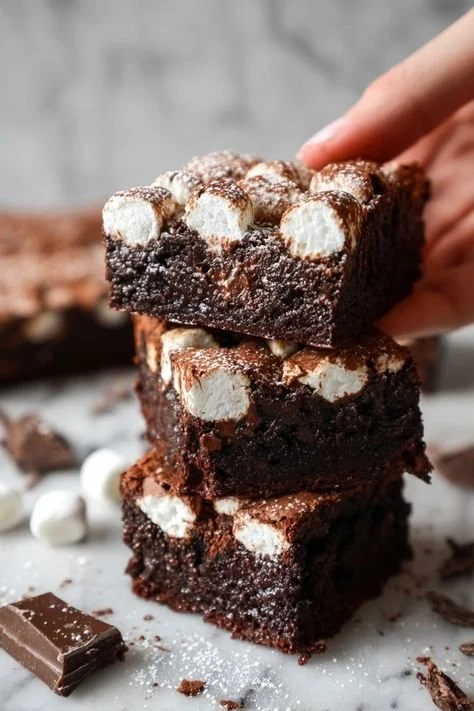 Delicious hot chocolate brownie with marshmallow frosting on a plate