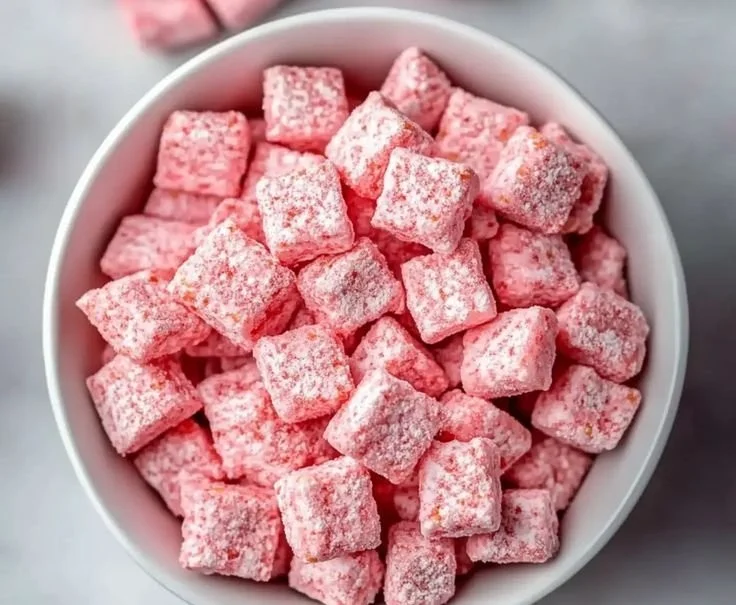 Easy strawberry shortcake puppy chow treats for pets and their owners.