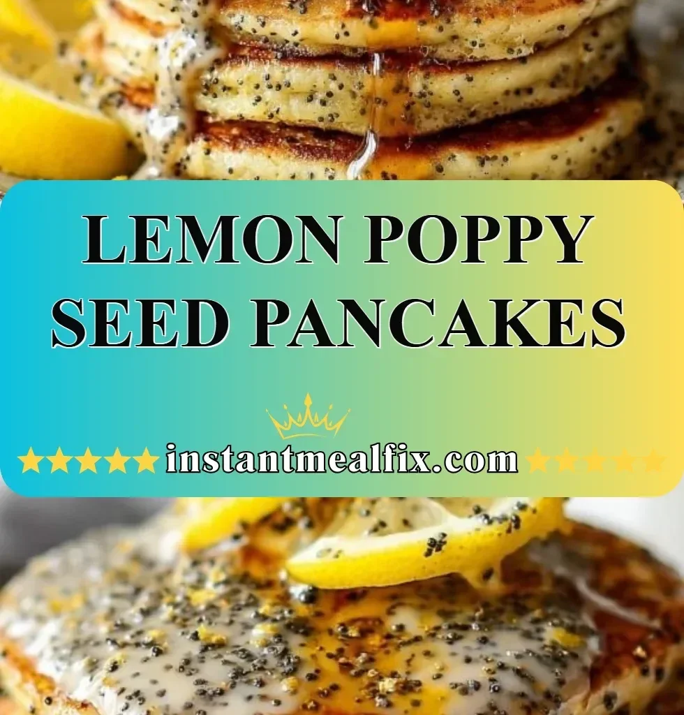 Delicious lemon poppy seed pancakes stacked with syrup and fresh lemon slices