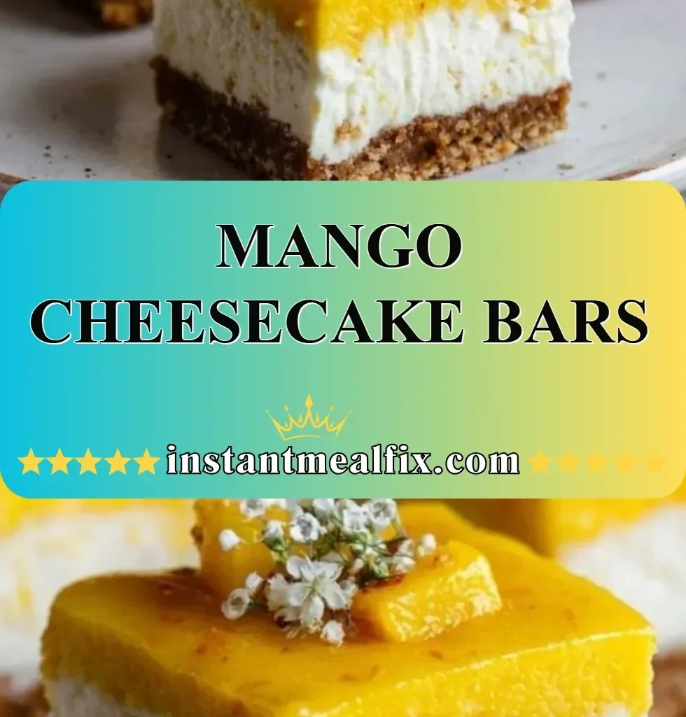Delicious mango cheesecake bars topped with fresh mango slices and a graham cracker crust