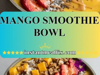 A vibrant mango smoothie bowl topped with fresh fruit and seeds