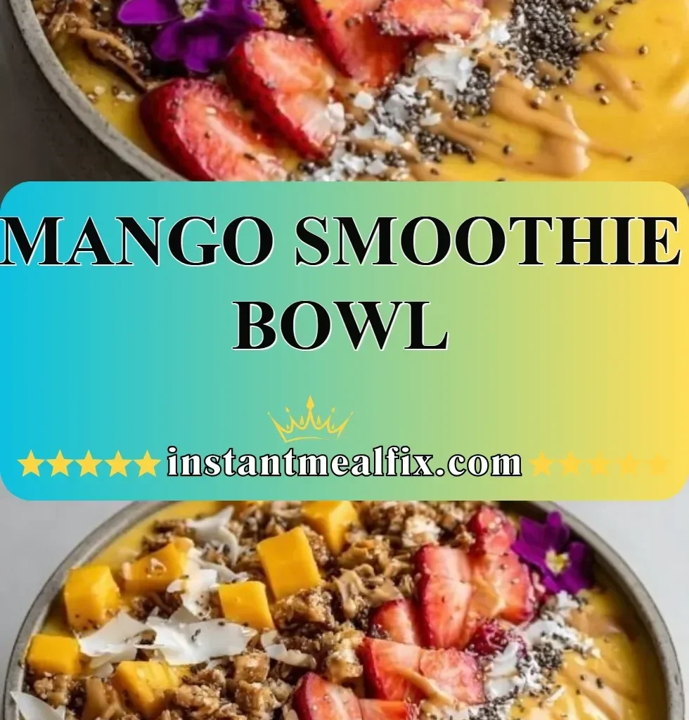 A vibrant mango smoothie bowl topped with fresh fruit and seeds