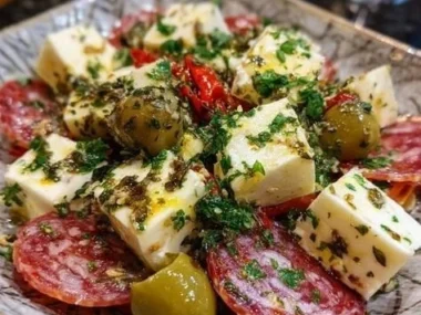 Delicious marinated cheese appetizer served with herbs and spices