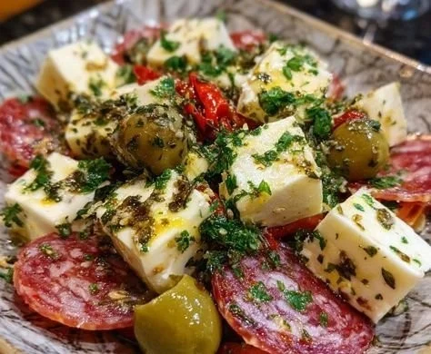 Delicious marinated cheese appetizer served with herbs and spices