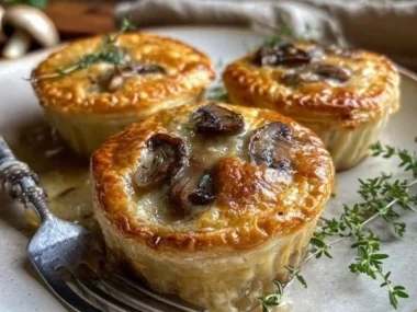 Mini mushroom and Gruyère pot pies baked to golden perfection