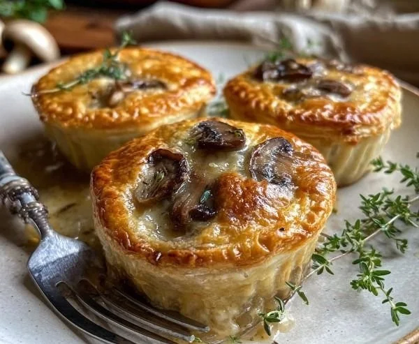 Mini mushroom and Gruyère pot pies baked to golden perfection