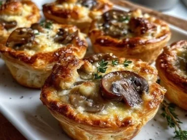 Mini mushroom and Gruyère pot pies served in rustic dishes