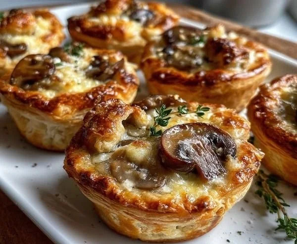 Mini mushroom and Gruyère pot pies served in rustic dishes
