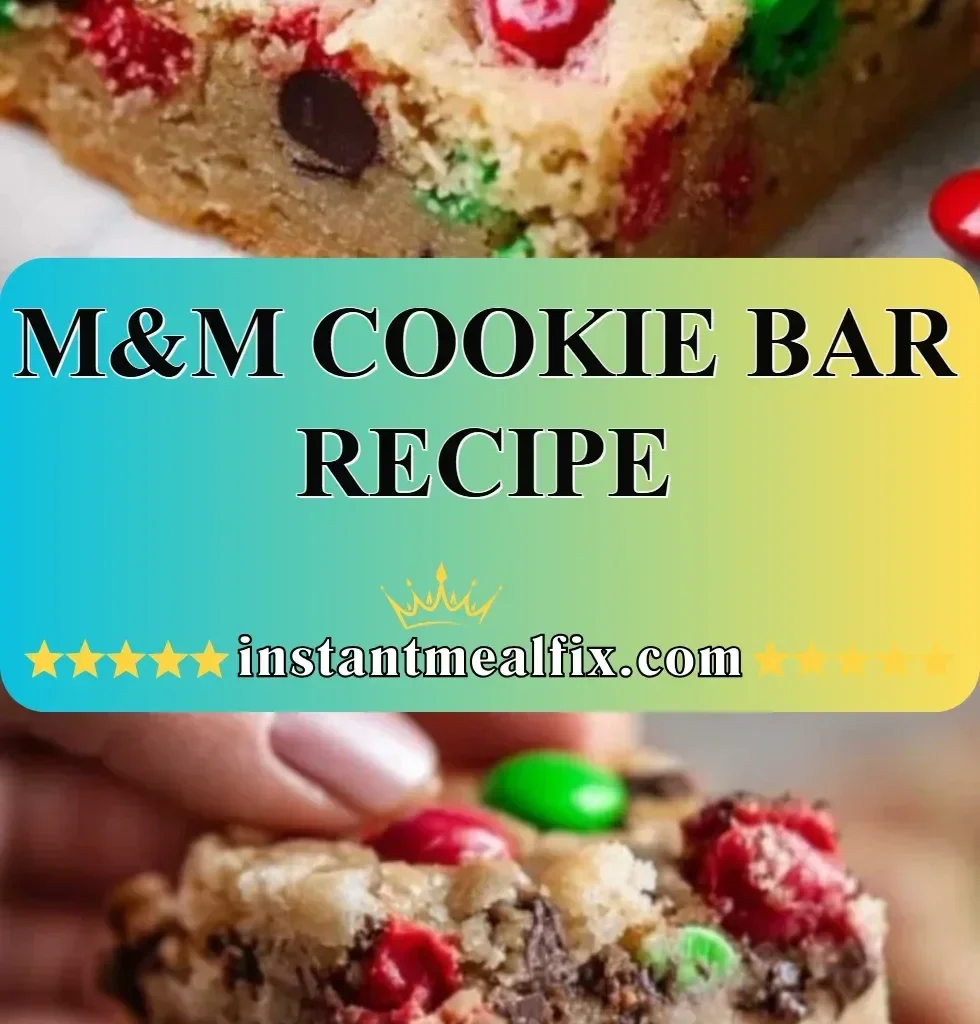 Delicious M&M cookie bar topped with colorful chocolate candies