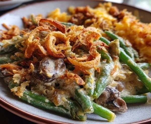 Delicious green bean casserole served in a dish, garnished with crispy onions.