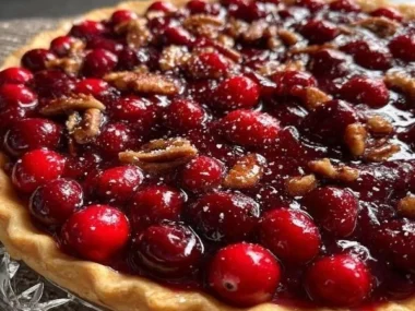 Slice of Nantucket holiday cranberry pie with a flaky crust and fresh cranberries