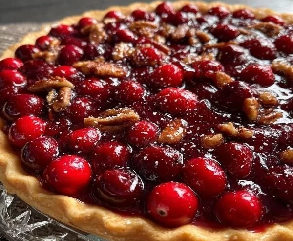 Slice of Nantucket holiday cranberry pie with a flaky crust and fresh cranberries