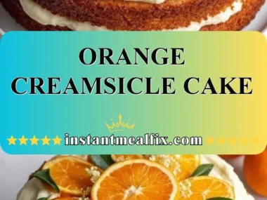Delicious orange creamsicle cake topped with creamy frosting and orange slices
