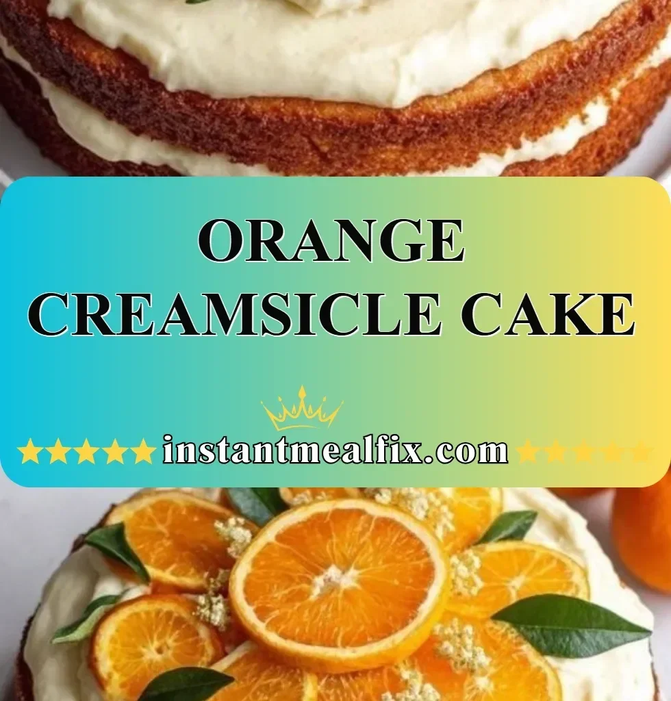 Delicious orange creamsicle cake topped with creamy frosting and orange slices