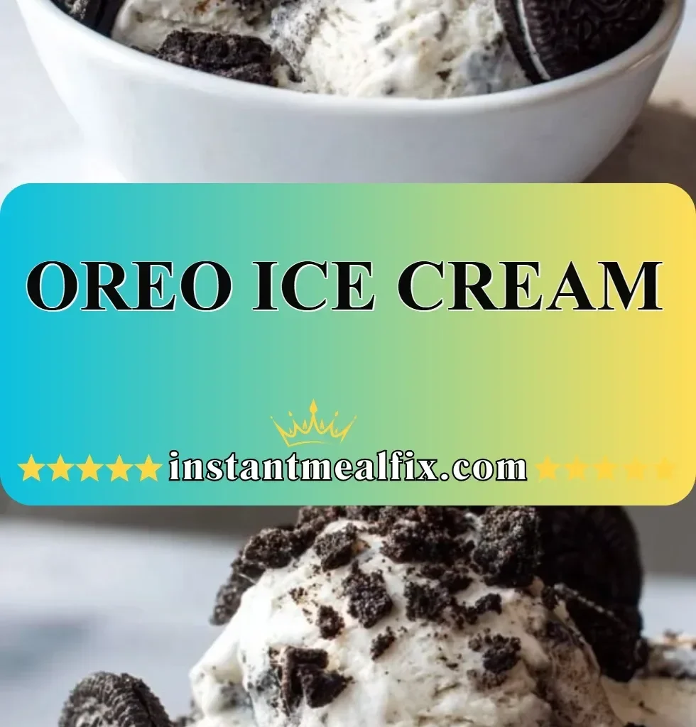 Delicious bowl of Oreo Ice Cream topped with crushed Oreos and chocolate drizzle.