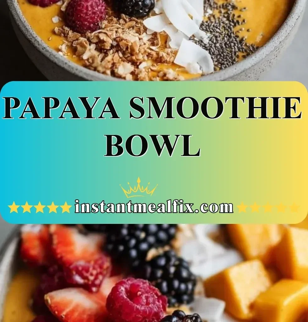 Delicious papaya smoothie bowl topped with fresh fruits and seeds