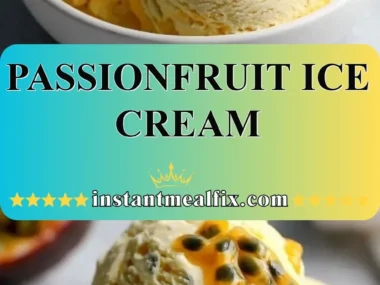 Bowl of creamy Passionfruit Ice Cream topped with fresh fruit slices