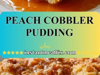 Delicious Peach Cobbler Pudding served in a bowl with fresh peaches and a scoop of ice cream.