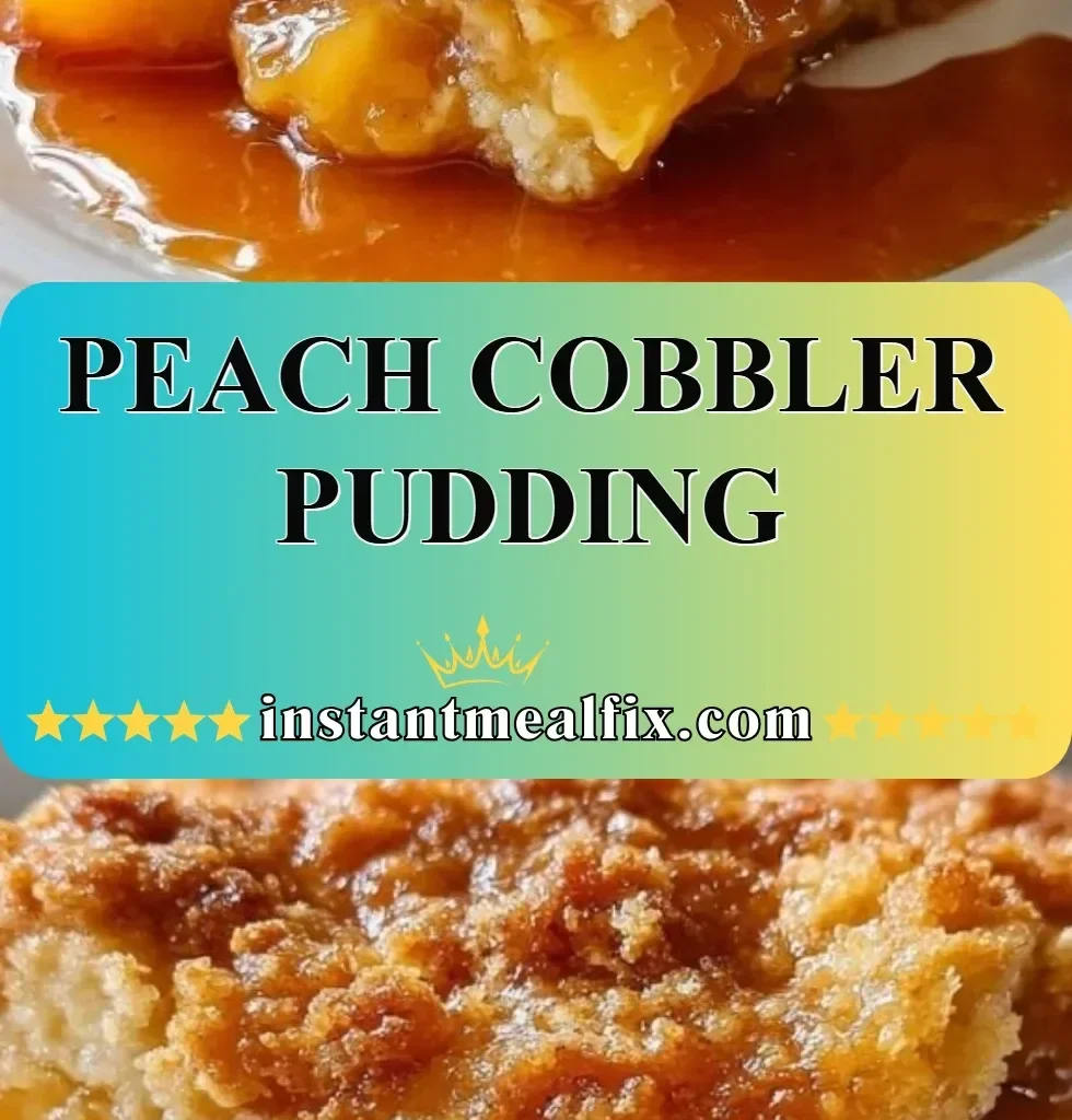 Delicious Peach Cobbler Pudding served in a bowl with fresh peaches and a scoop of ice cream.