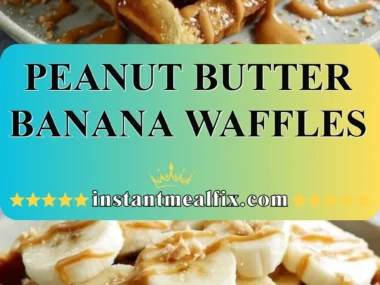 Delicious peanut butter banana waffles topped with syrup and bananas