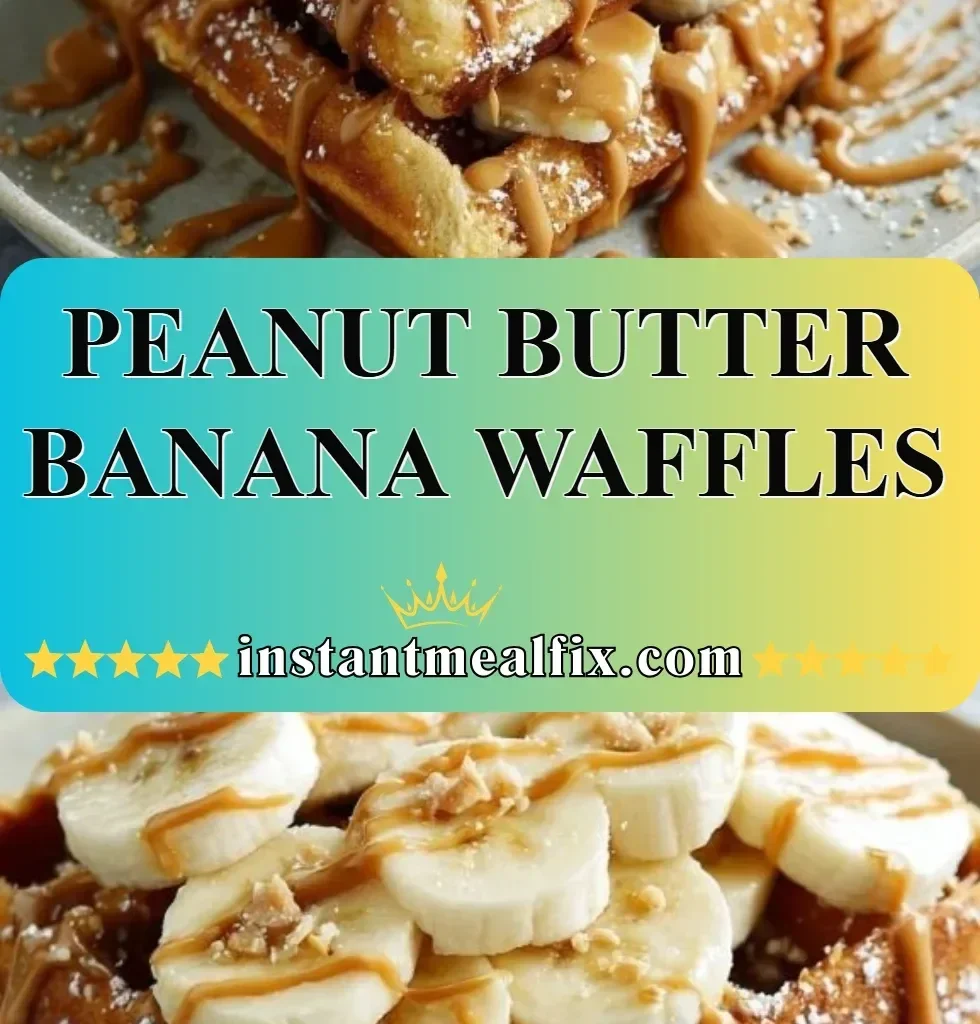 Delicious peanut butter banana waffles topped with syrup and bananas