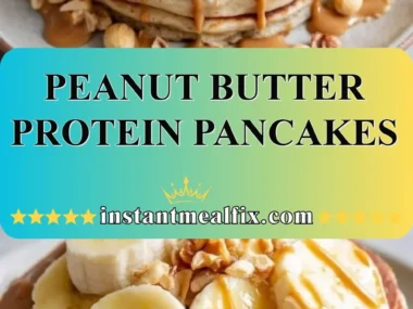 Delicious peanut butter protein pancakes stacked on a plate with syrup.