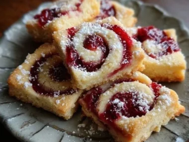 Raspberry swirl shortbread cookies beautifully arranged on a plate.