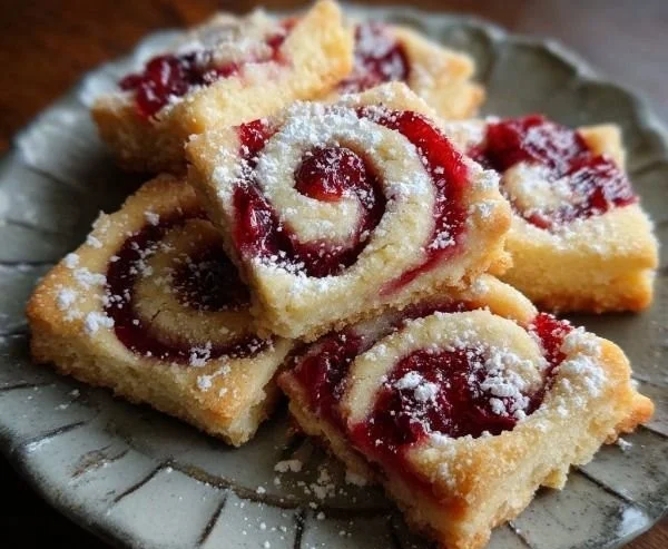 Raspberry swirl shortbread cookies beautifully arranged on a plate.