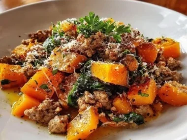 Plate of roasted butternut squash with ground turkey and herbs, ready to serve.