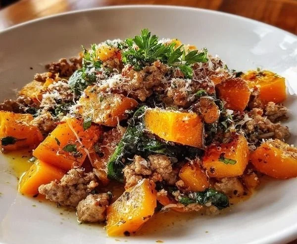 Plate of roasted butternut squash with ground turkey and herbs, ready to serve.
