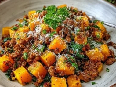 Delicious roasted butternut squash mixed with seasoned ground turkey